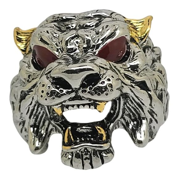 Antiqued Silvertone Red Enamel Gold Embellishments Beast Head Ring - Picture 6 of 6
